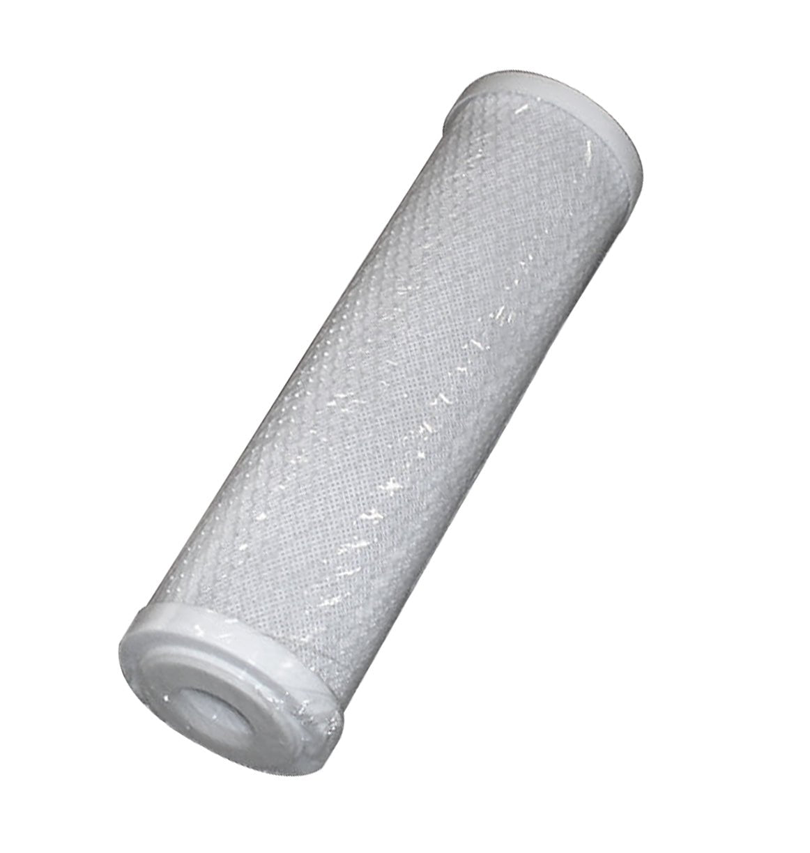 Large 10 inch white carbon block water filter angled from side
