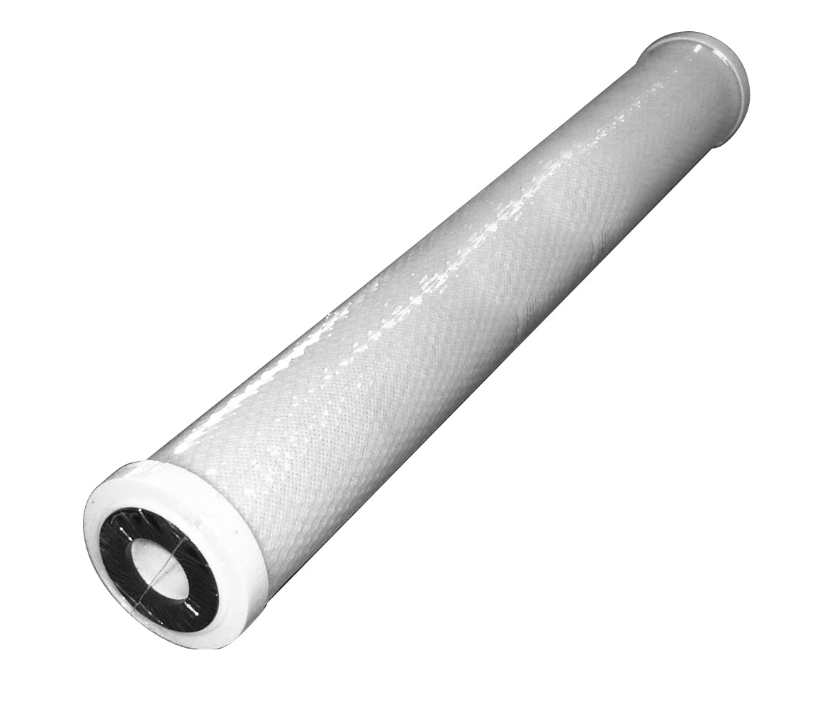 Long 20 inch white carbon block water filter angled from side