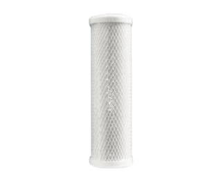 Large 10 inch white carbon block water filter angled from side