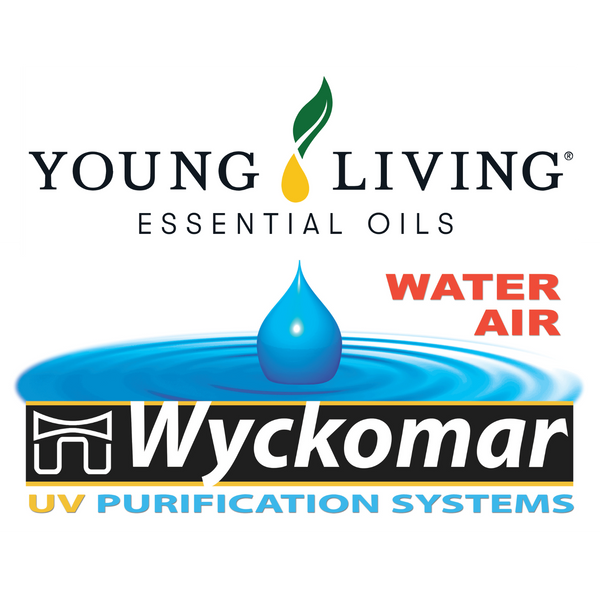 The Young Living and Wyckomar logo's together. One contains text with a green leaf with a yellow droplet, and the other contains a water droplet with text.