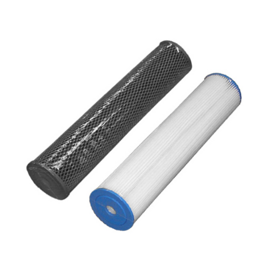 Two 20 inch pleated water filters, one black in colour and one white with blue ends