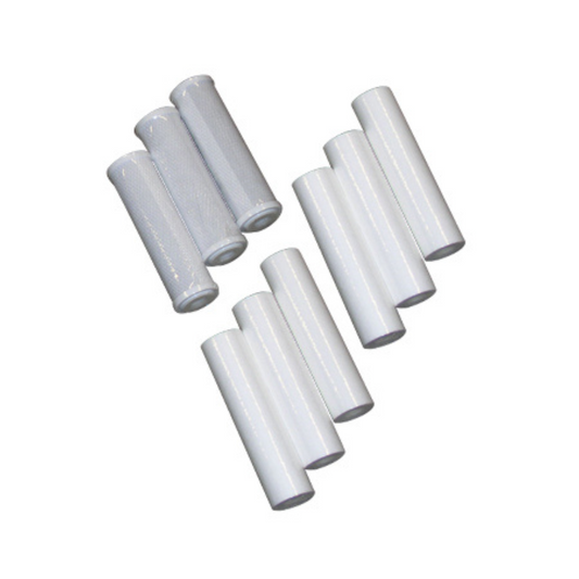 Nine 10 inch white water filters angled from side