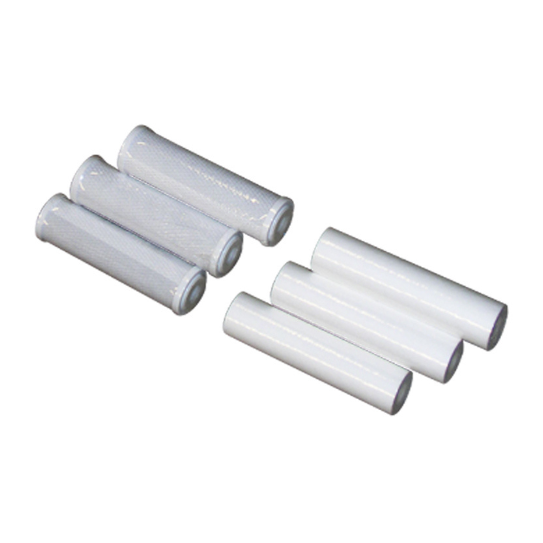 Six 10 inch white water filters angled from side